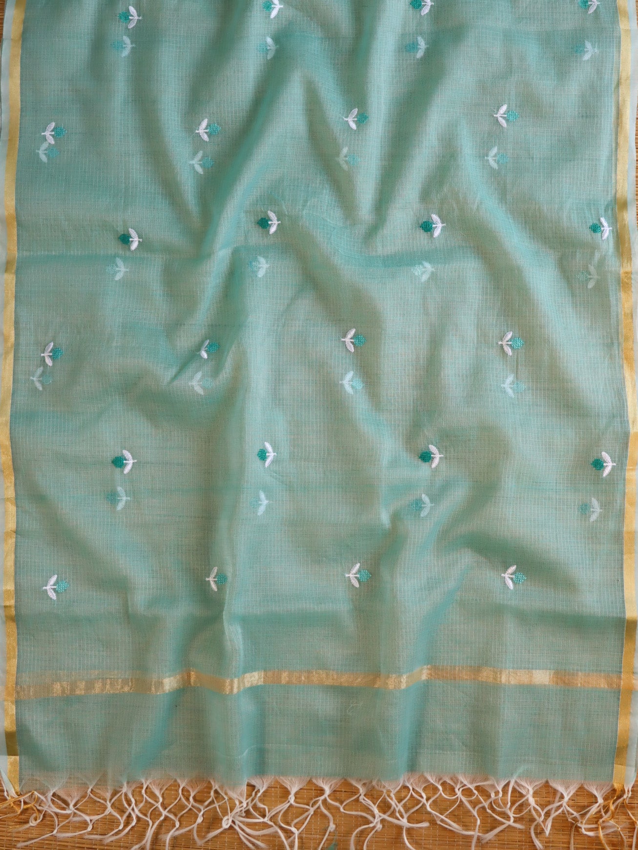 Banarasee Kota Doria Hand-Embroidered Salwar Kameez With Dupatta Set-Blue