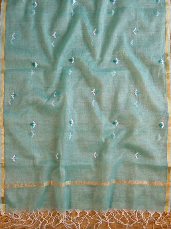 Banarasee Kota Doria Hand-Embroidered Salwar Kameez With Dupatta Set-Blue