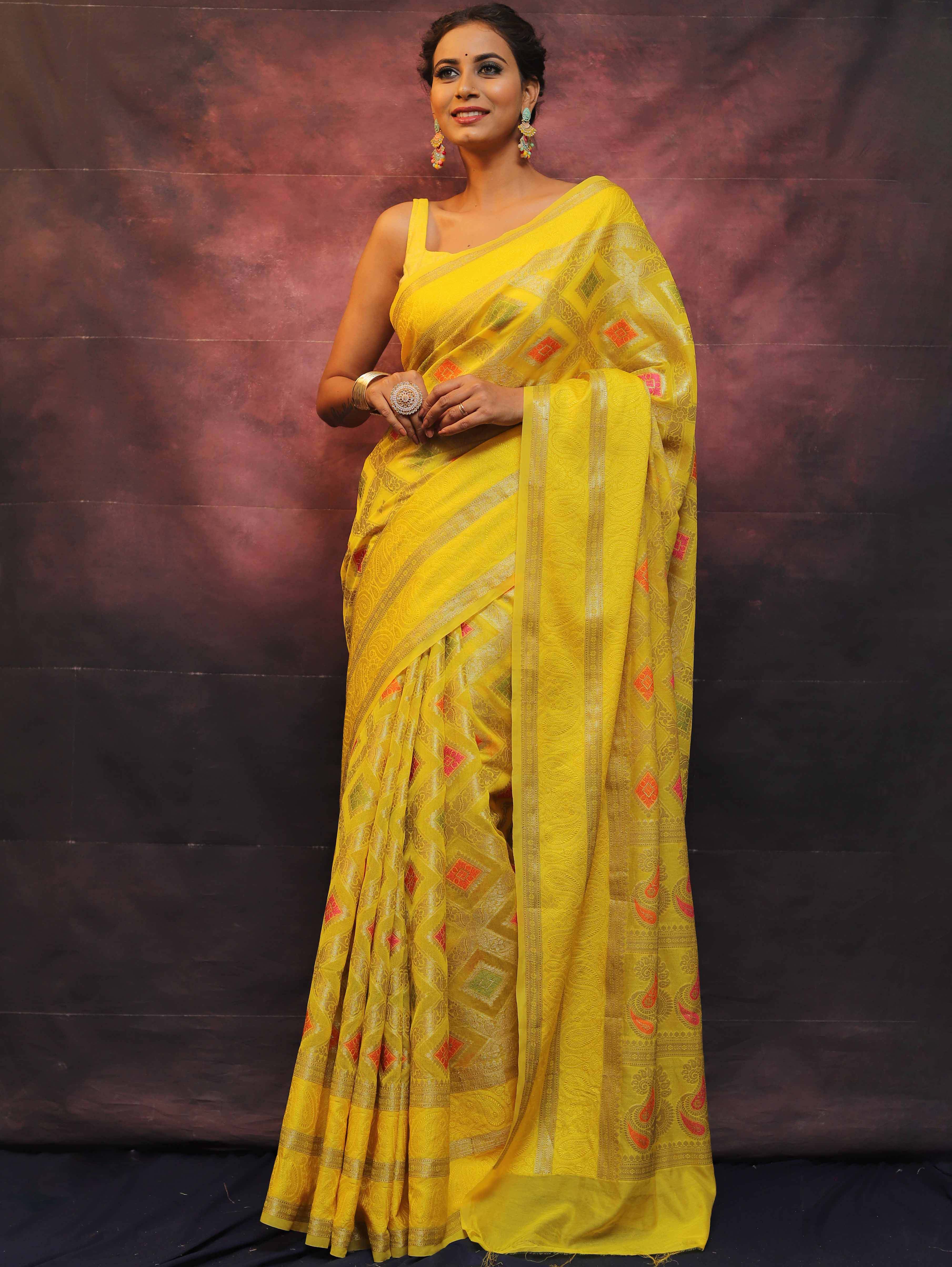 Banarasee Faux Georgette Saree With Gold Zari & Resham Jaal Work-Yellow