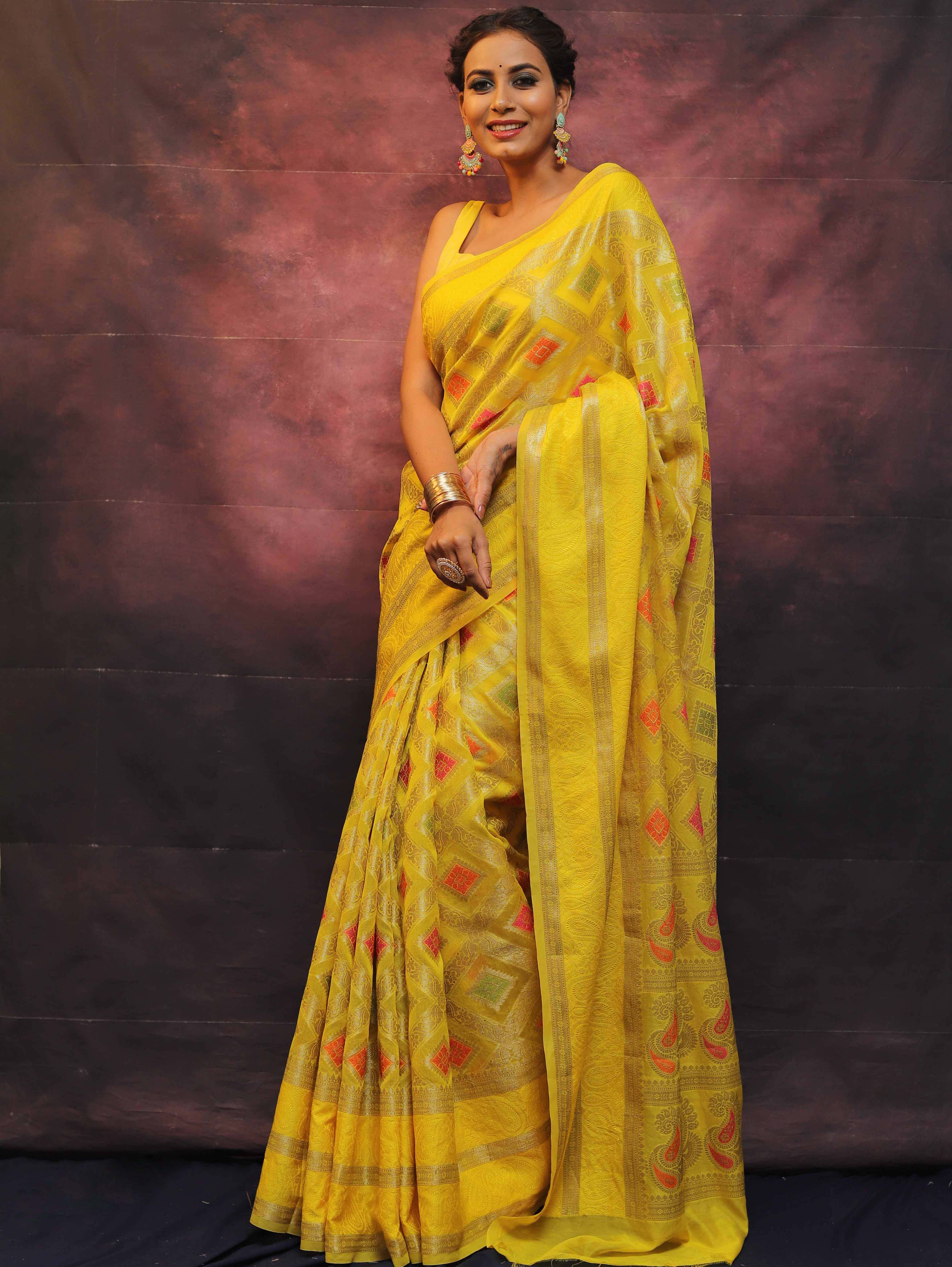 Banarasee Faux Georgette Saree With Gold Zari & Resham Jaal Work-Yellow