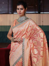 Banarasee Pure Chiffon Saree With Golden Zari Jaal Design Border & Lace-Peach
