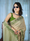 Banarasee Handwoven Semi-Tussar Saree With Contrast Geometric Border-Beige & Green