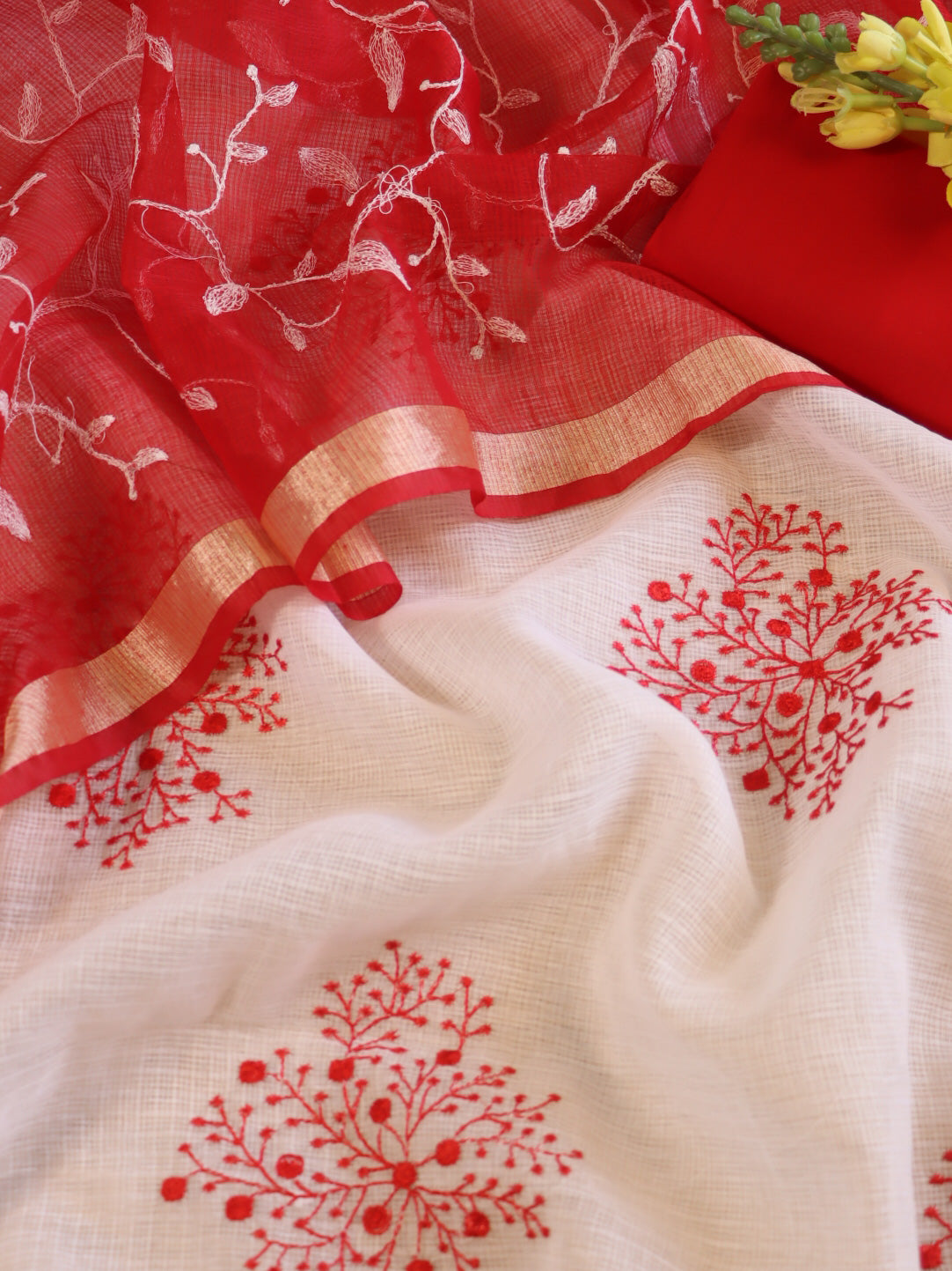 Banarasee Kota Doria Hand-Embroidered Salwar Kameez With Contrast Dupatta Set-White & Red