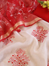 Banarasee Kota Doria Hand-Embroidered Salwar Kameez With Contrast Dupatta Set-White & Red