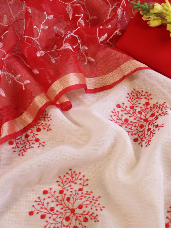 Banarasee Kota Doria Hand-Embroidered Salwar Kameez With Contrast Dupatta Set-White & Red