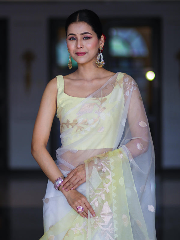 Banarasee Dual Color Organza Mix Saree With Resham & Zari Work-White & Light Yellow