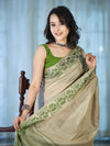 Banarasee Handwoven Semi-Tussar Saree With Contrast Geometric Border-Beige & Green