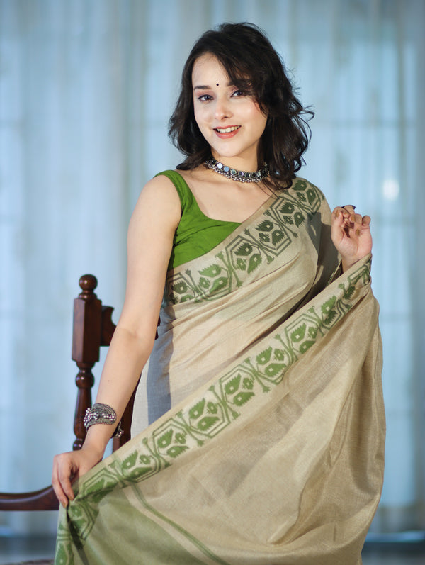 Banarasee Handwoven Semi-Tussar Saree With Contrast Geometric Border-Beige & Green