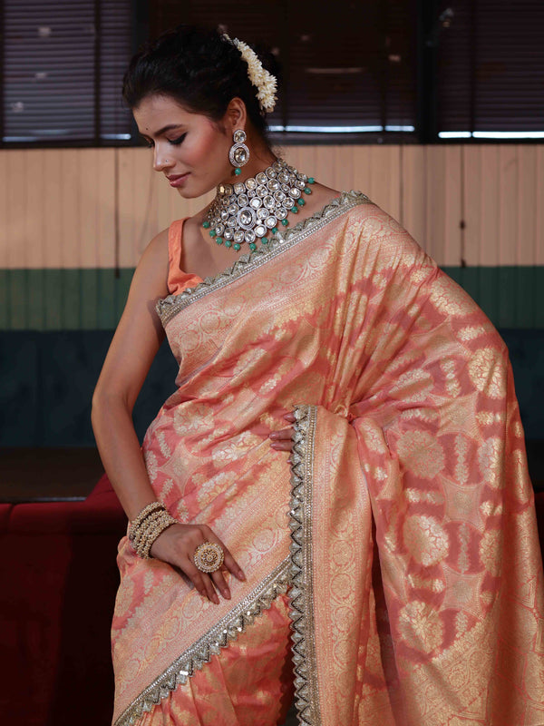 Banarasee Pure Chiffon Saree With Golden Zari Jaal Design Border & Lace-Peach