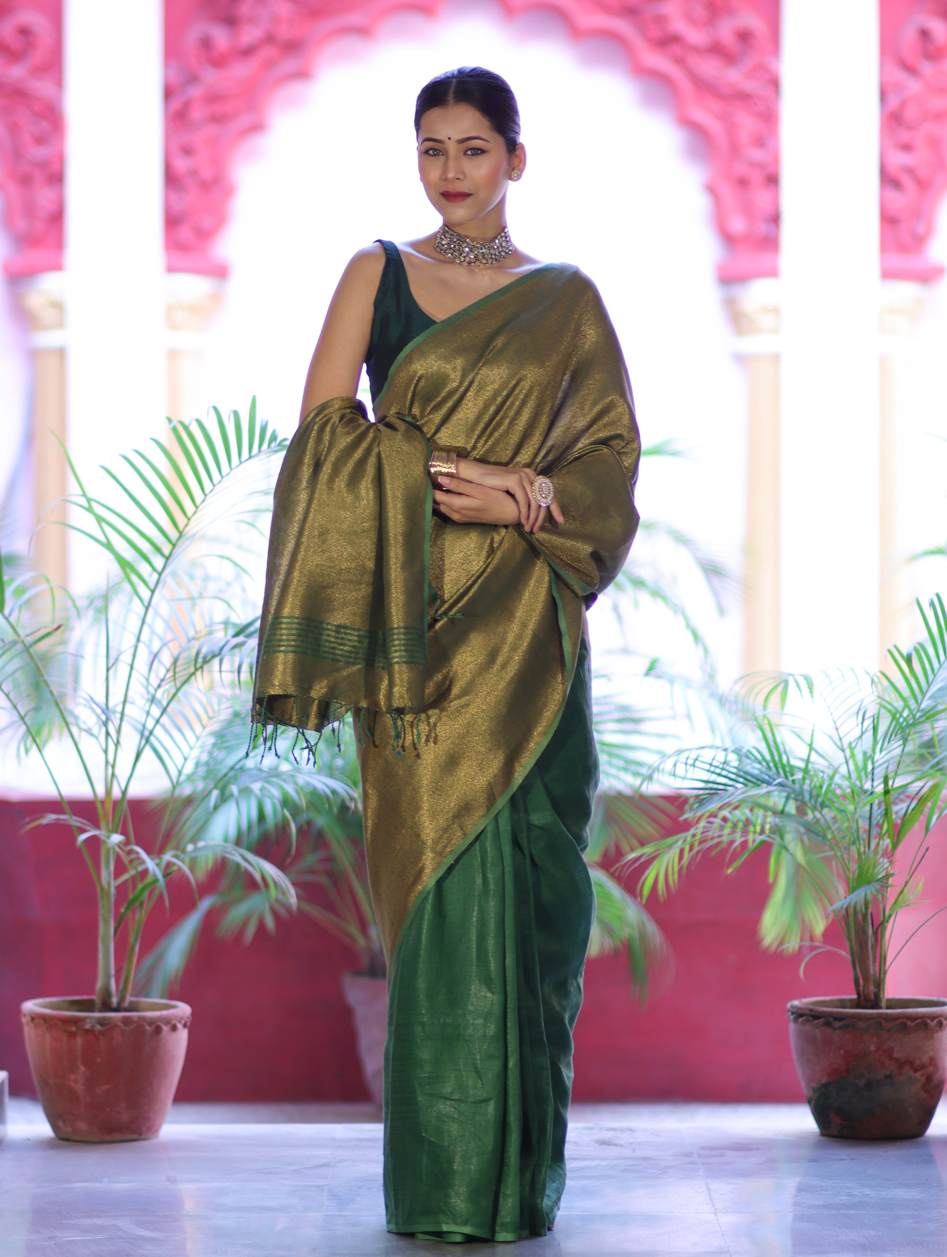 Bhagalpuri Handloom Dual Color Pure Linen Shine Saree-Green & Gold