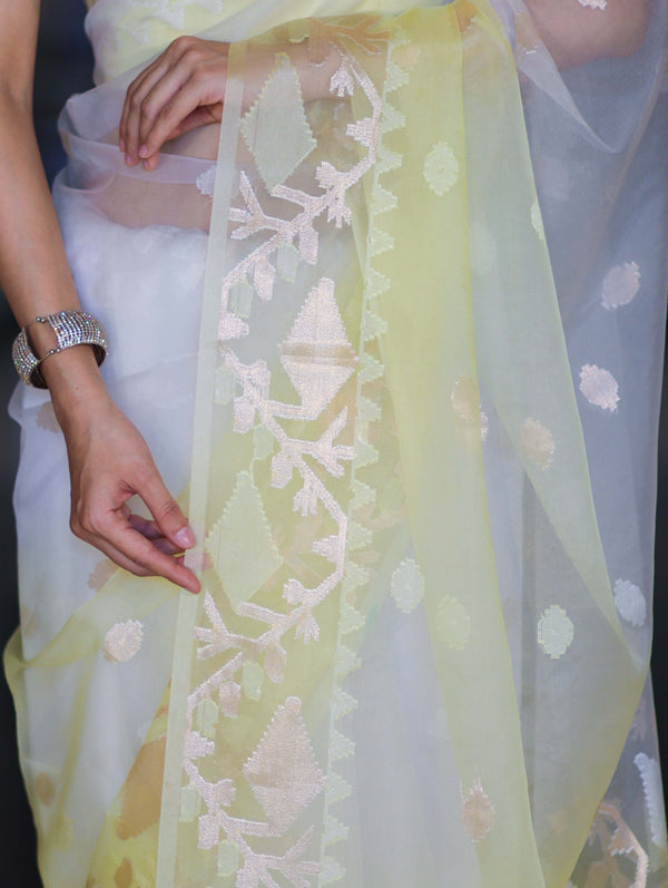Banarasee Dual Color Organza Mix Saree With Resham & Zari Work-White & Light Yellow