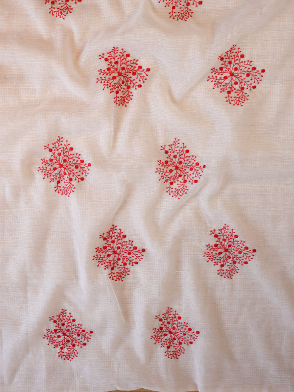 Banarasee Kota Doria Hand-Embroidered Salwar Kameez With Contrast Dupatta Set-White & Red