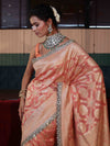 Banarasee Pure Chiffon Saree With Golden Zari Jaal Design Border & Lace-Peach