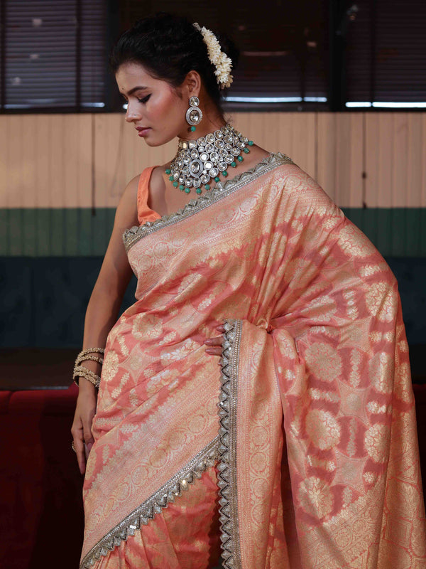 Banarasee Pure Chiffon Saree With Golden Zari Jaal Design Border & Lace-Peach