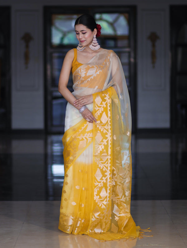Banarasee Dual Color Organza Mix Saree With Zari Work-Yellow (Dual Tone)