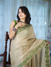 Banarasee Handwoven Semi-Tussar Saree With Contrast Geometric Border-Beige & Green