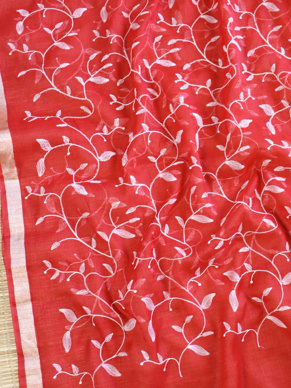 Banarasee Kota Doria Hand-Embroidered Salwar Kameez With Contrast Dupatta Set-White & Red