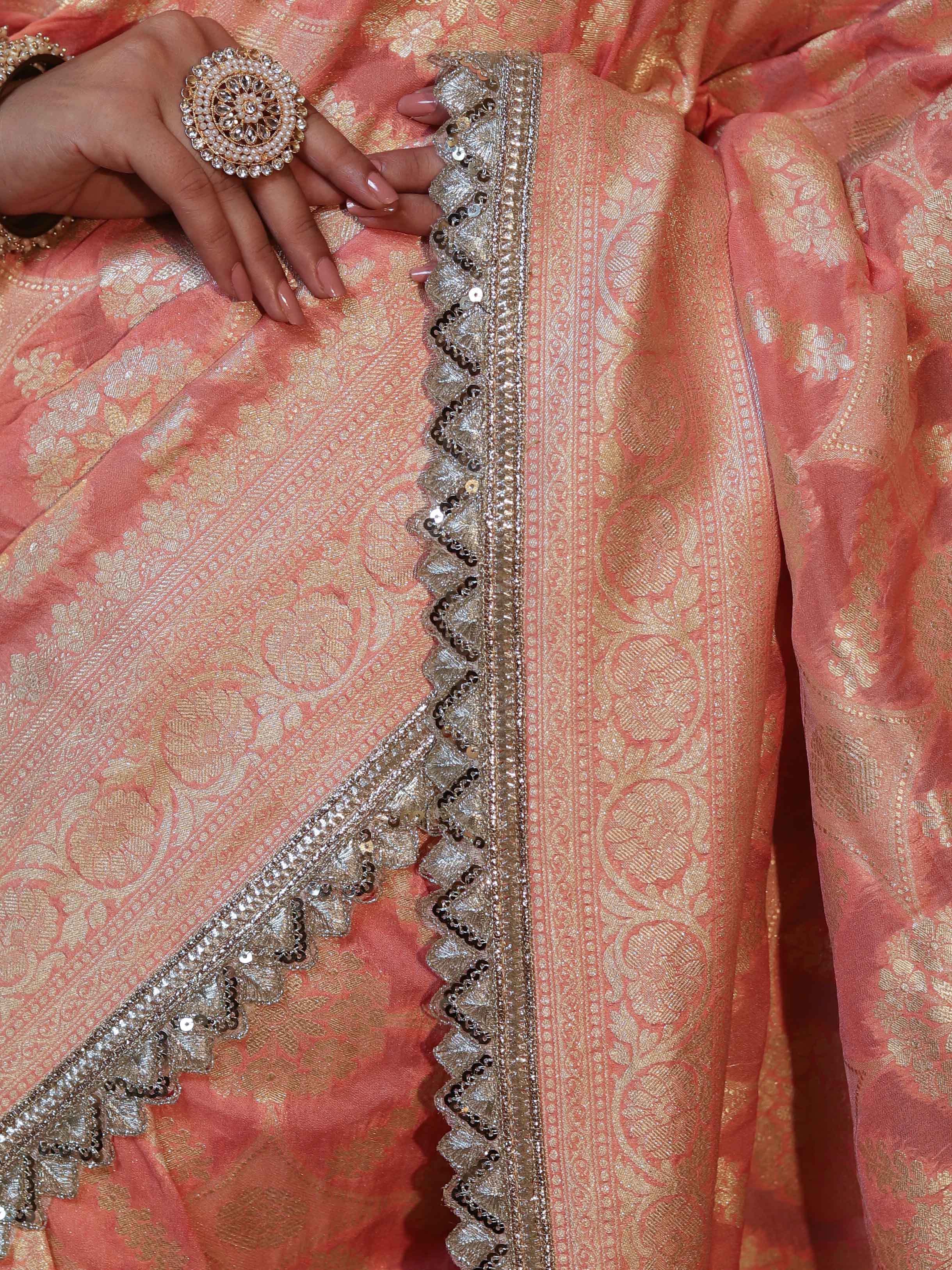 Banarasee Pure Chiffon Saree With Golden Zari Jaal Design Border & Lace-Peach