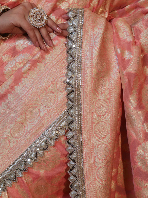 Banarasee Pure Chiffon Saree With Golden Zari Jaal Design Border & Lace-Peach