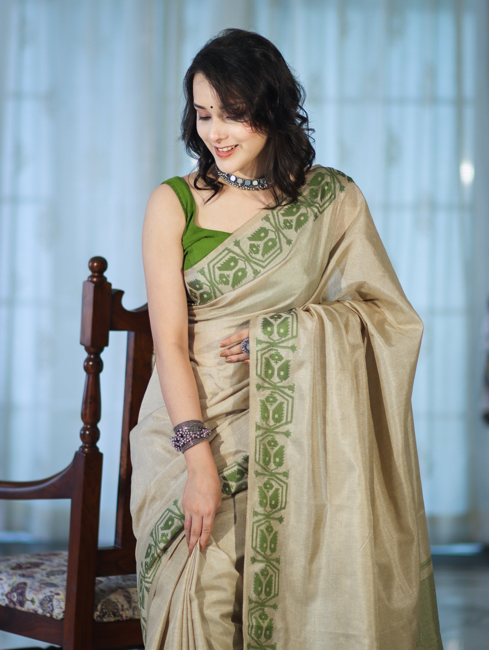 Banarasee Handwoven Semi-Tussar Saree With Contrast Geometric Border-Beige & Green