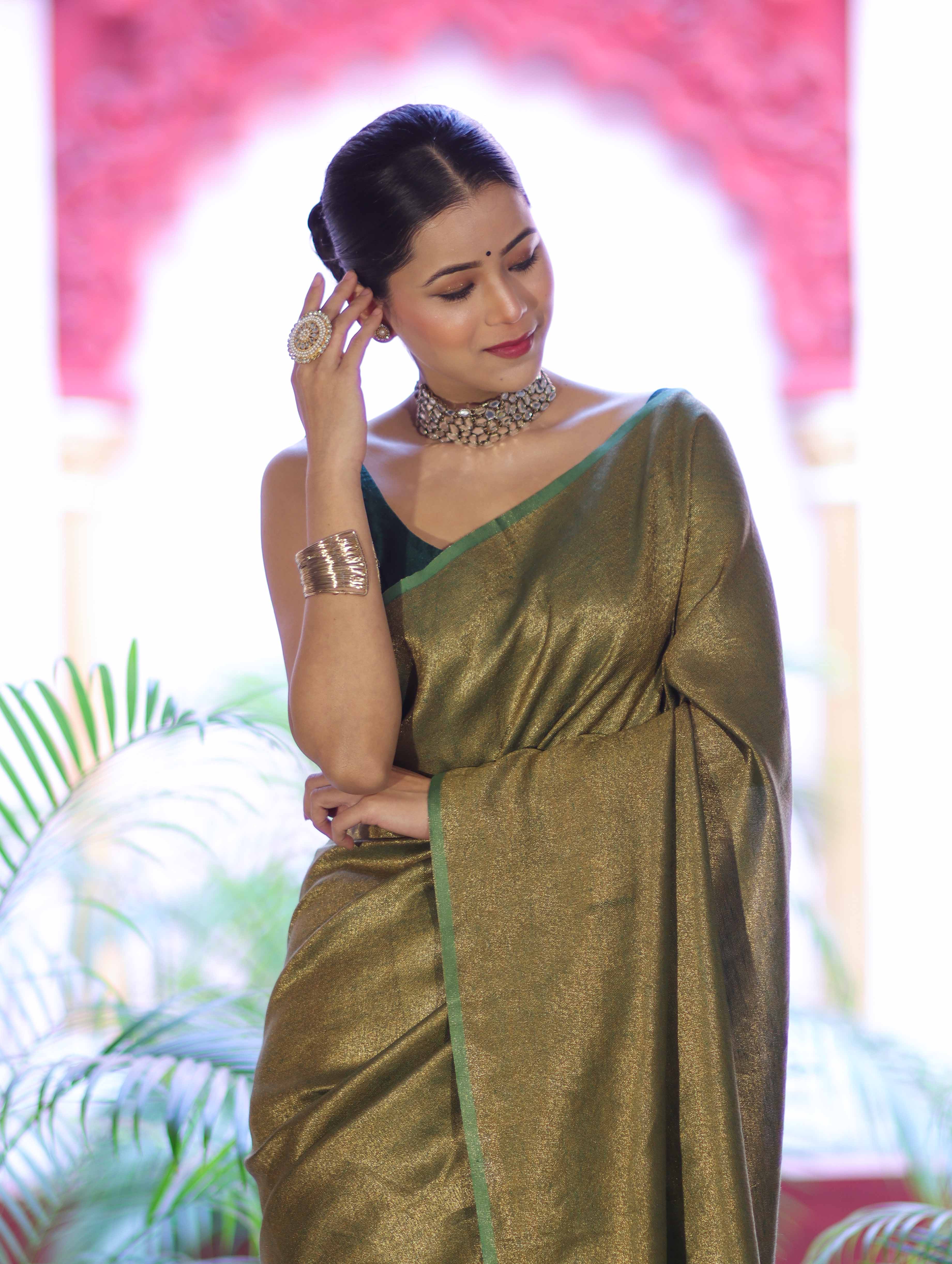 Bhagalpuri Handloom Dual Color Pure Linen Shine Saree-Green & Gold