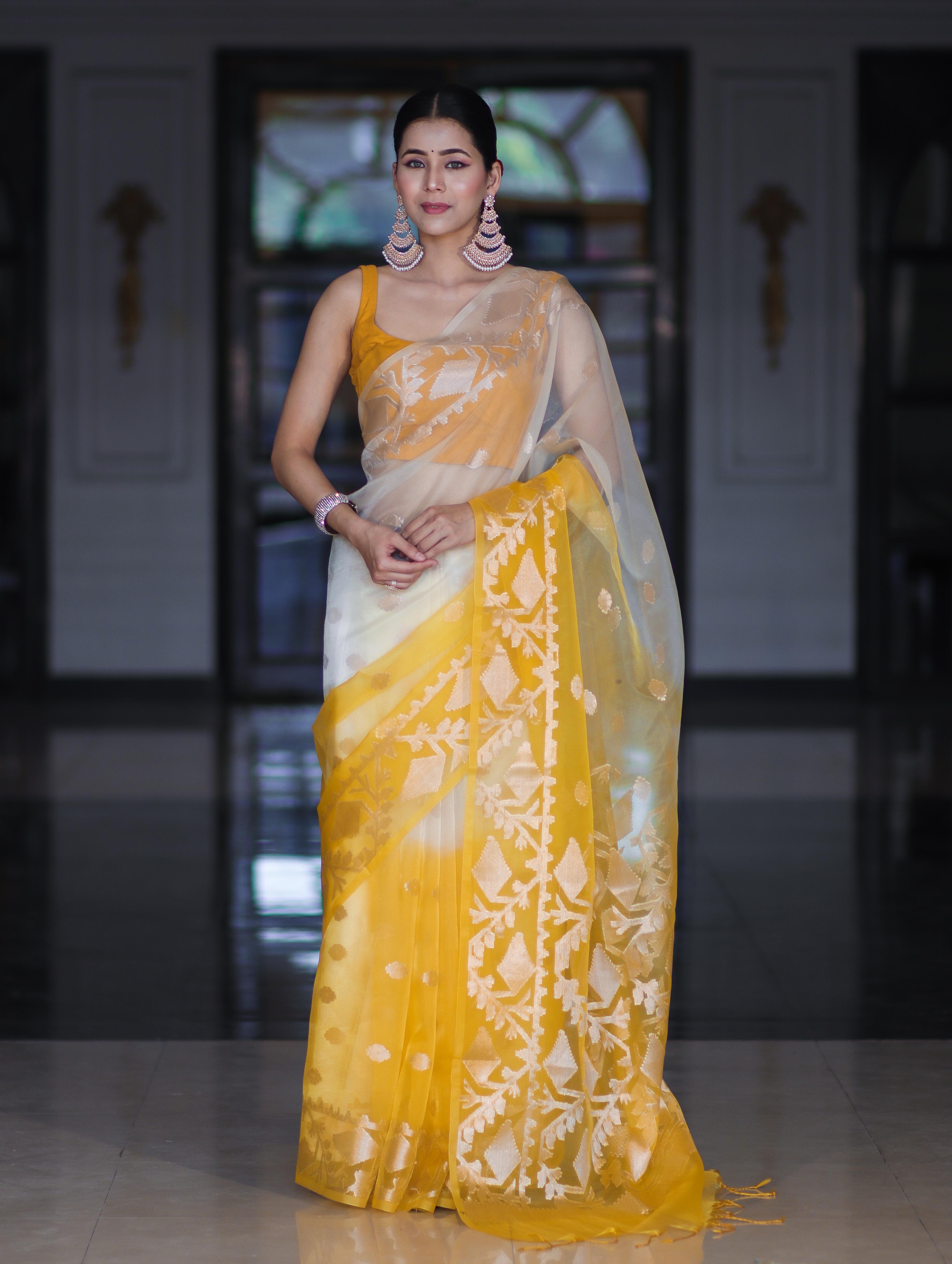 Banarasee Dual Color Organza Mix Saree With Zari Work-Yellow (Dual Tone)