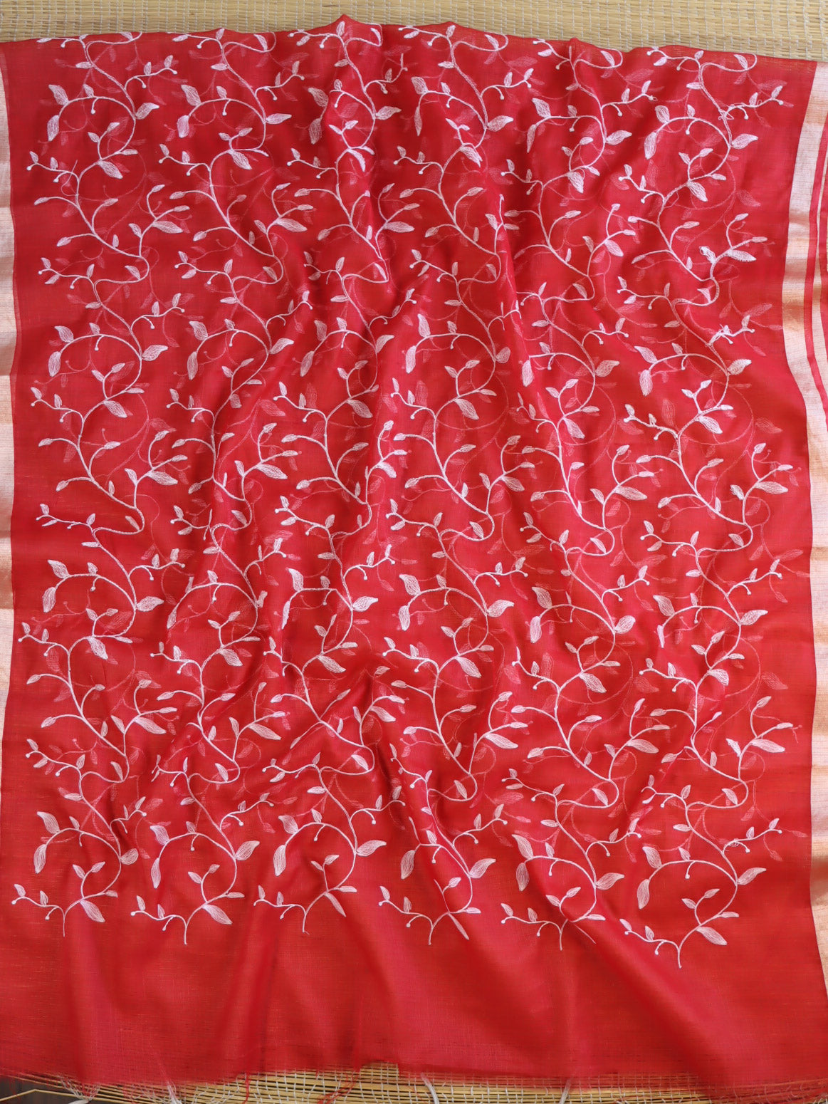 Banarasee Kota Doria Hand-Embroidered Salwar Kameez With Contrast Dupatta Set-White & Red