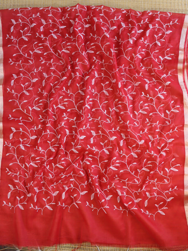 Banarasee Kota Doria Hand-Embroidered Salwar Kameez With Contrast Dupatta Set-White & Red