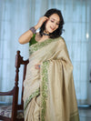 Banarasee Handwoven Semi-Tussar Saree With Contrast Geometric Border-Beige & Green