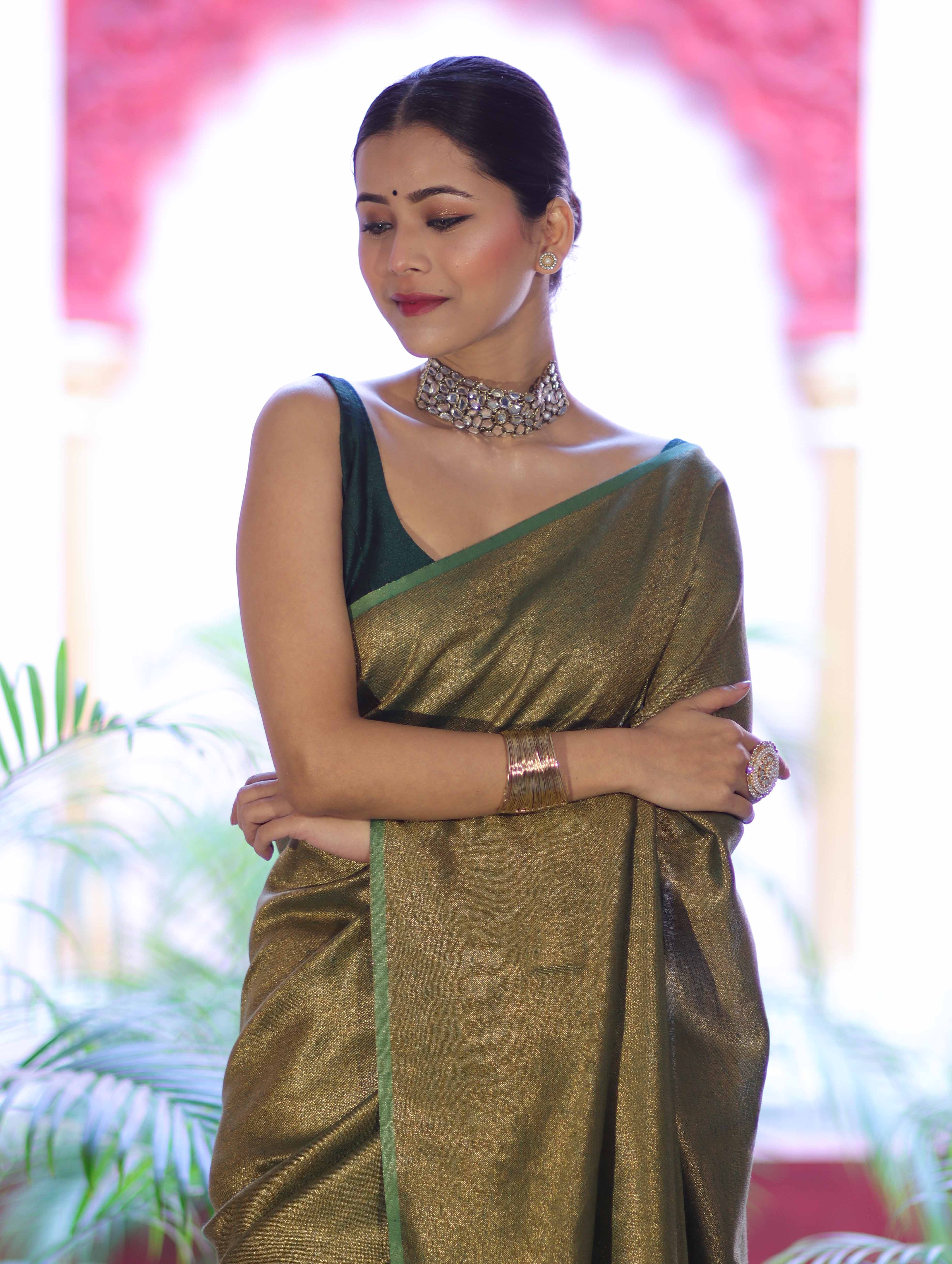 Bhagalpuri Handloom Dual Color Pure Linen Shine Saree-Green & Gold