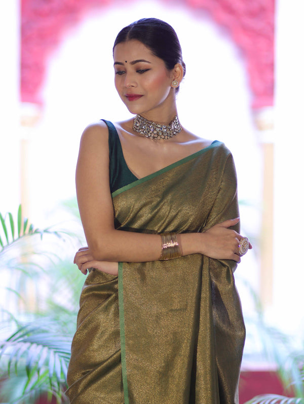 Bhagalpuri Handloom Dual Color Pure Linen Shine Saree-Green & Gold