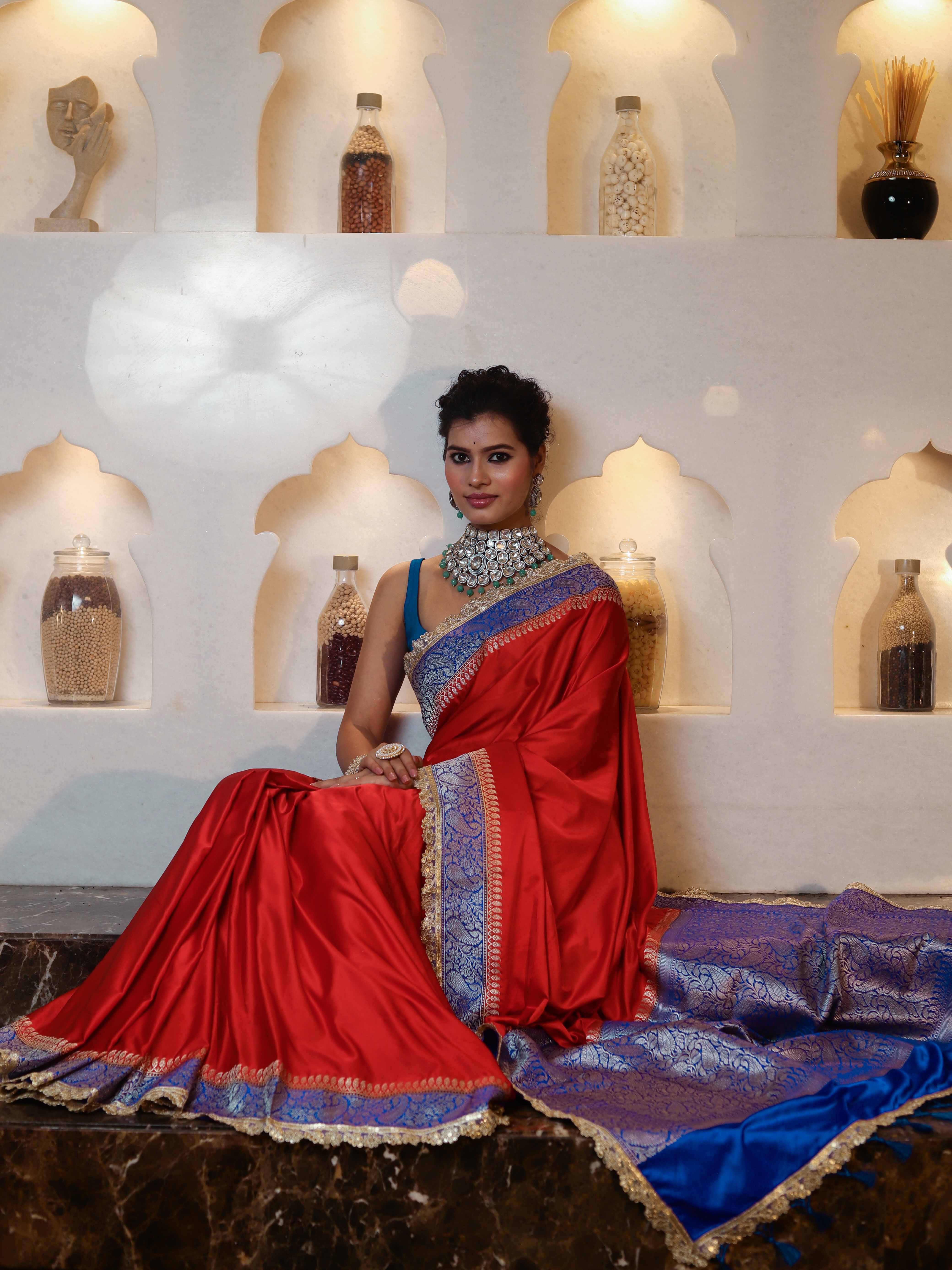 Banarasee Handwoven Mashru Silk Plain Saree With Sona Rupa Zari Contrast Border & Lace-Red & Blue