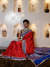 Banarasee Handwoven Mashru Silk Plain Saree With Sona Rupa Zari Contrast Border & Lace-Red & Blue