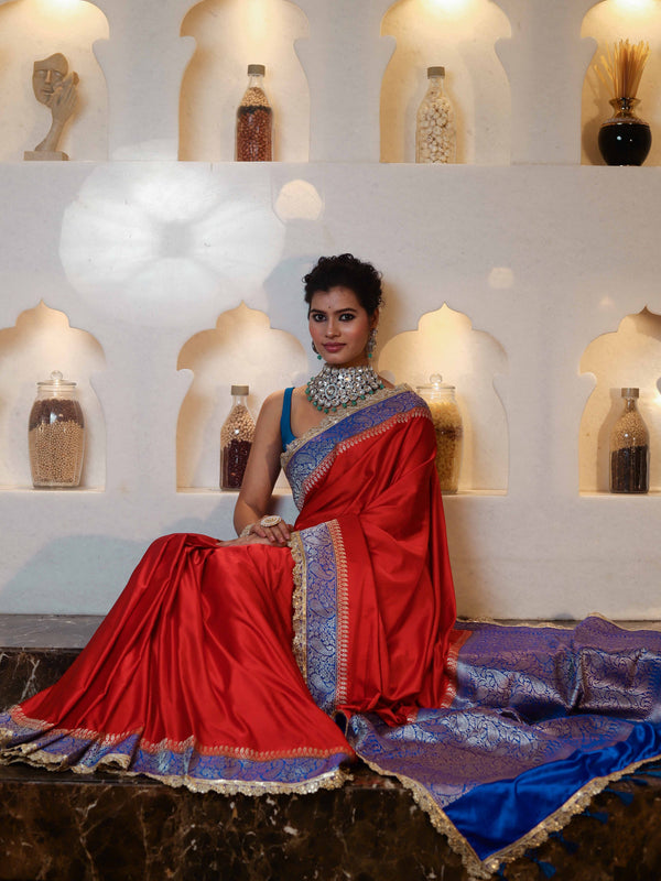 Banarasee Handwoven Mashru Silk Plain Saree With Sona Rupa Zari Contrast Border & Lace-Red & Blue
