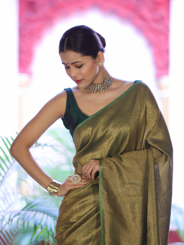 Bhagalpuri Handloom Dual Color Pure Linen Shine Saree-Green & Gold