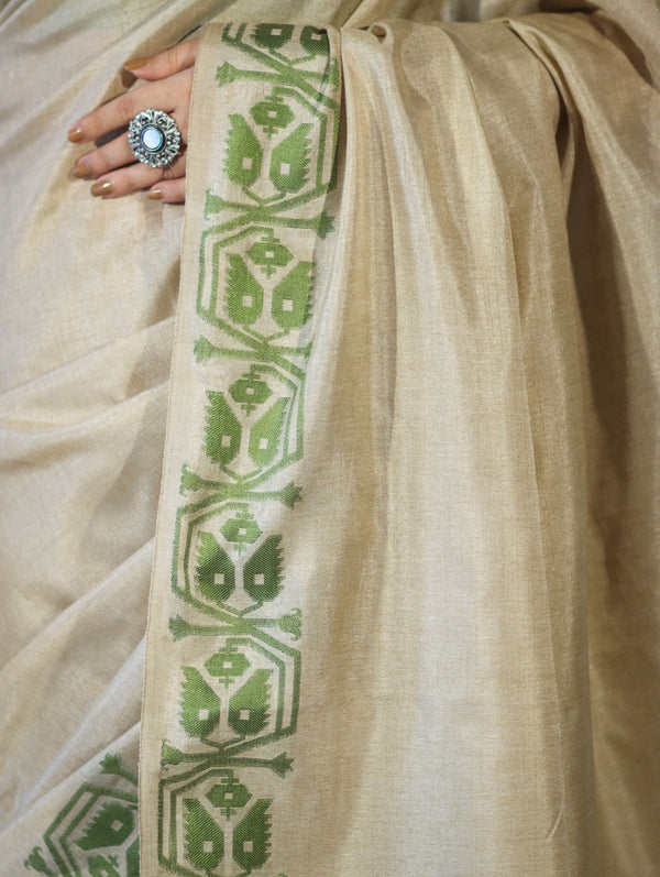 Banarasee Handwoven Semi-Tussar Saree With Contrast Geometric Border-Beige & Green