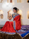 Banarasee Handwoven Mashru Silk Plain Saree With Sona Rupa Zari Contrast Border & Lace-Red & Blue