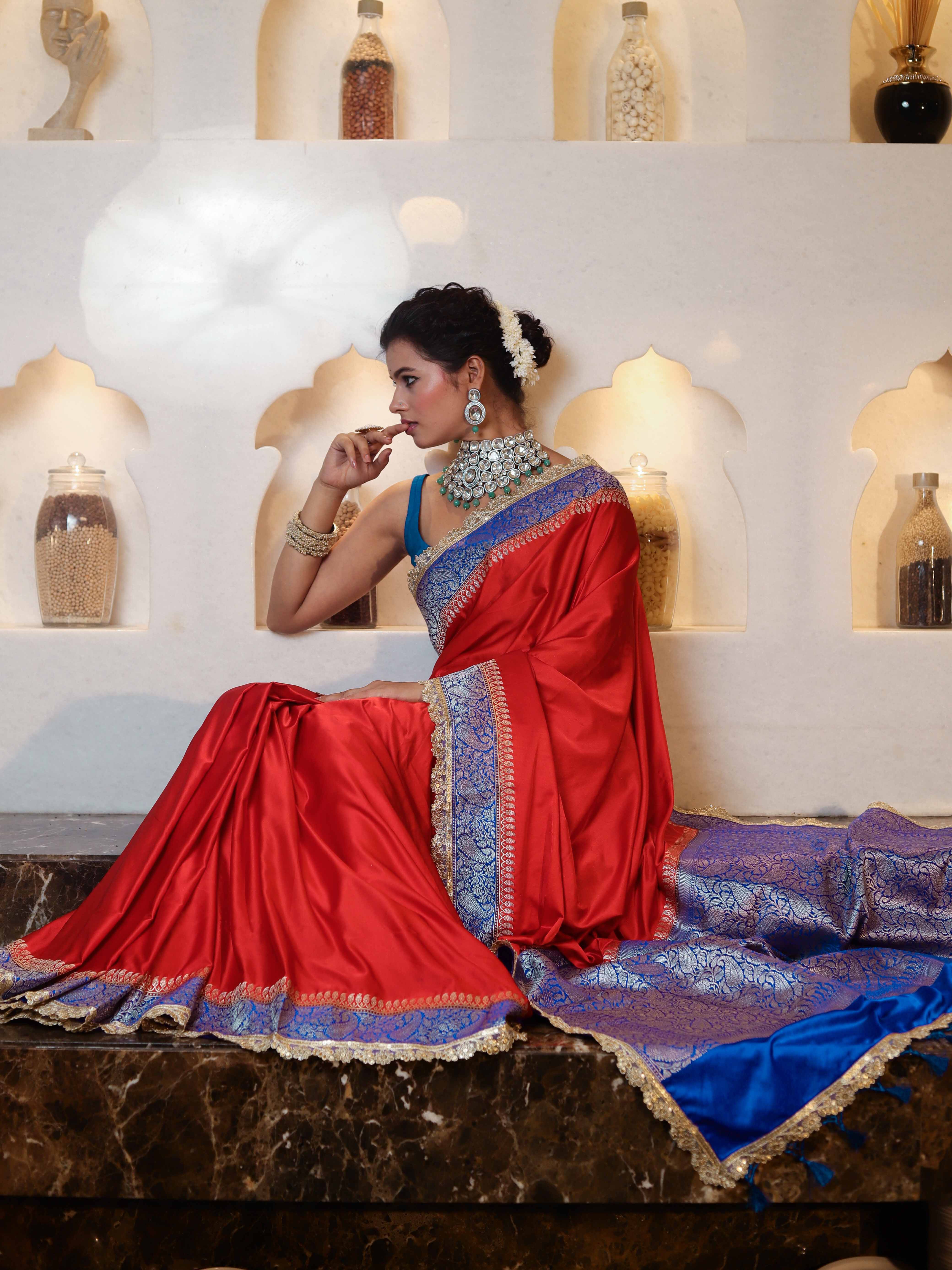 Banarasee Handwoven Mashru Silk Plain Saree With Sona Rupa Zari Contrast Border & Lace-Red & Blue