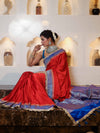 Banarasee Handwoven Mashru Silk Plain Saree With Sona Rupa Zari Contrast Border & Lace-Red & Blue