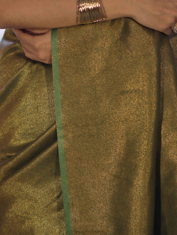 Bhagalpuri Handloom Dual Color Pure Linen Shine Saree-Green & Gold