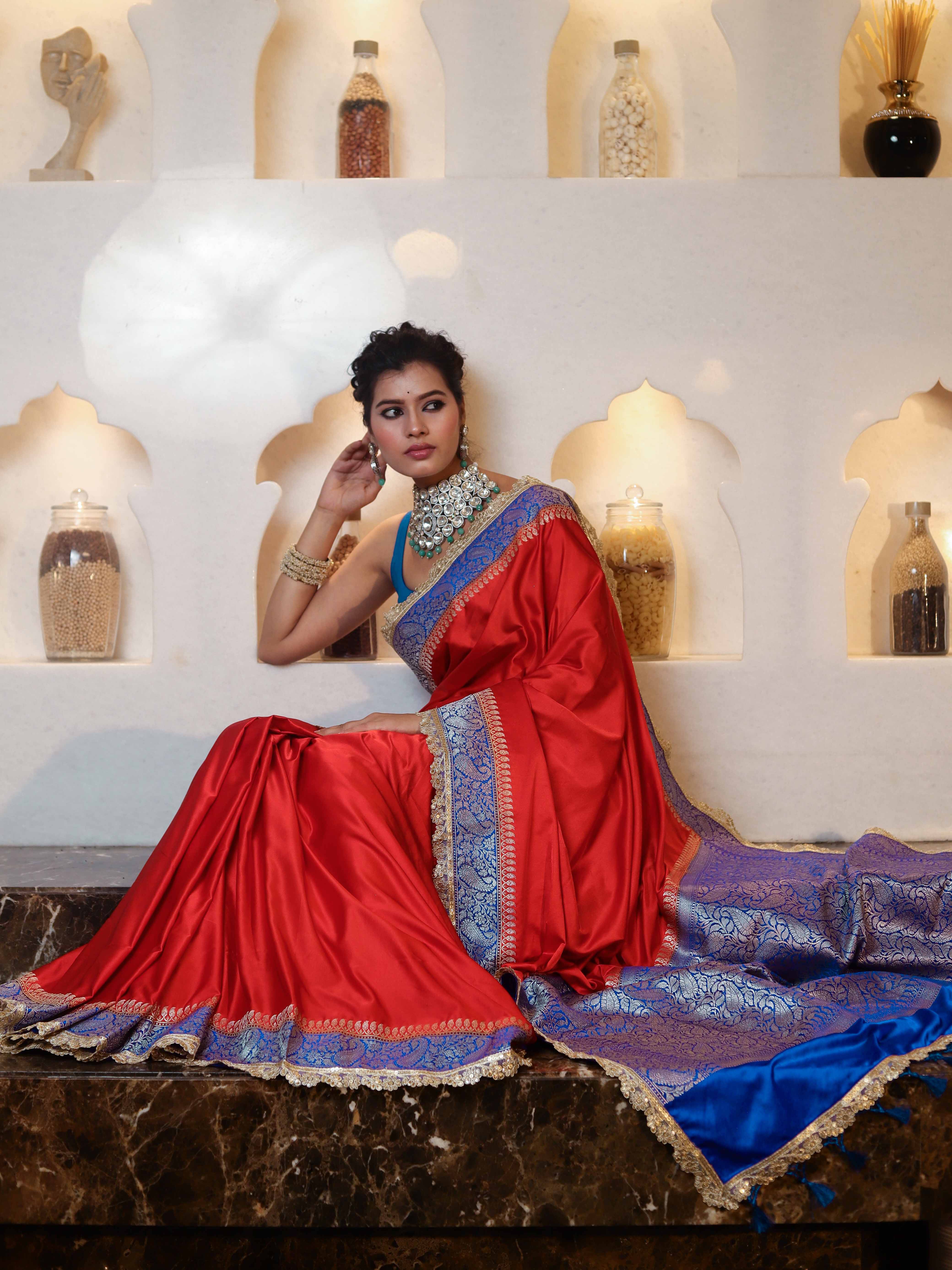 Banarasee Handwoven Mashru Silk Plain Saree With Sona Rupa Zari Contrast Border & Lace-Red & Blue