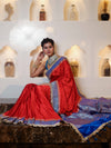 Banarasee Handwoven Mashru Silk Plain Saree With Sona Rupa Zari Contrast Border & Lace-Red & Blue