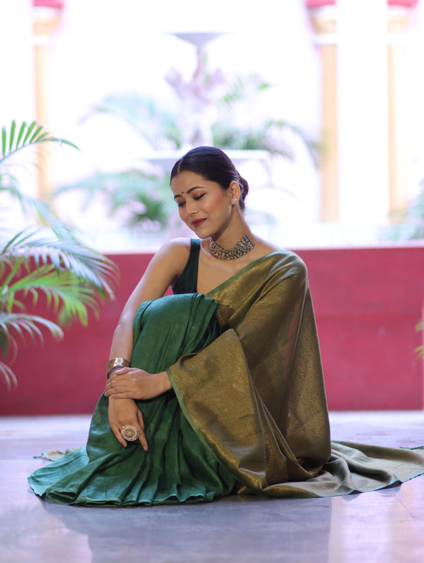 Bhagalpuri Handloom Dual Color Pure Linen Shine Saree-Green & Gold