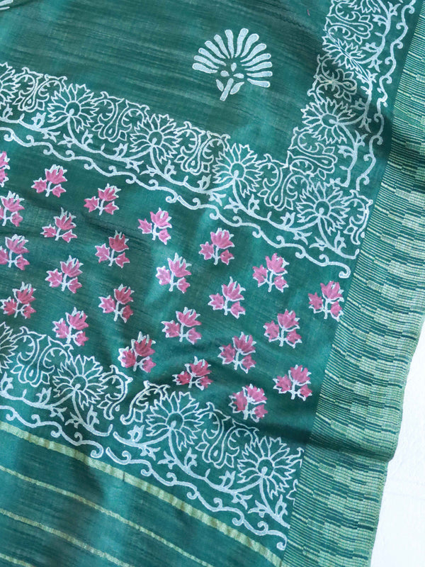 Handloom Block Printed Cotton Silk Salwar Kameez Dupatta Set-Green