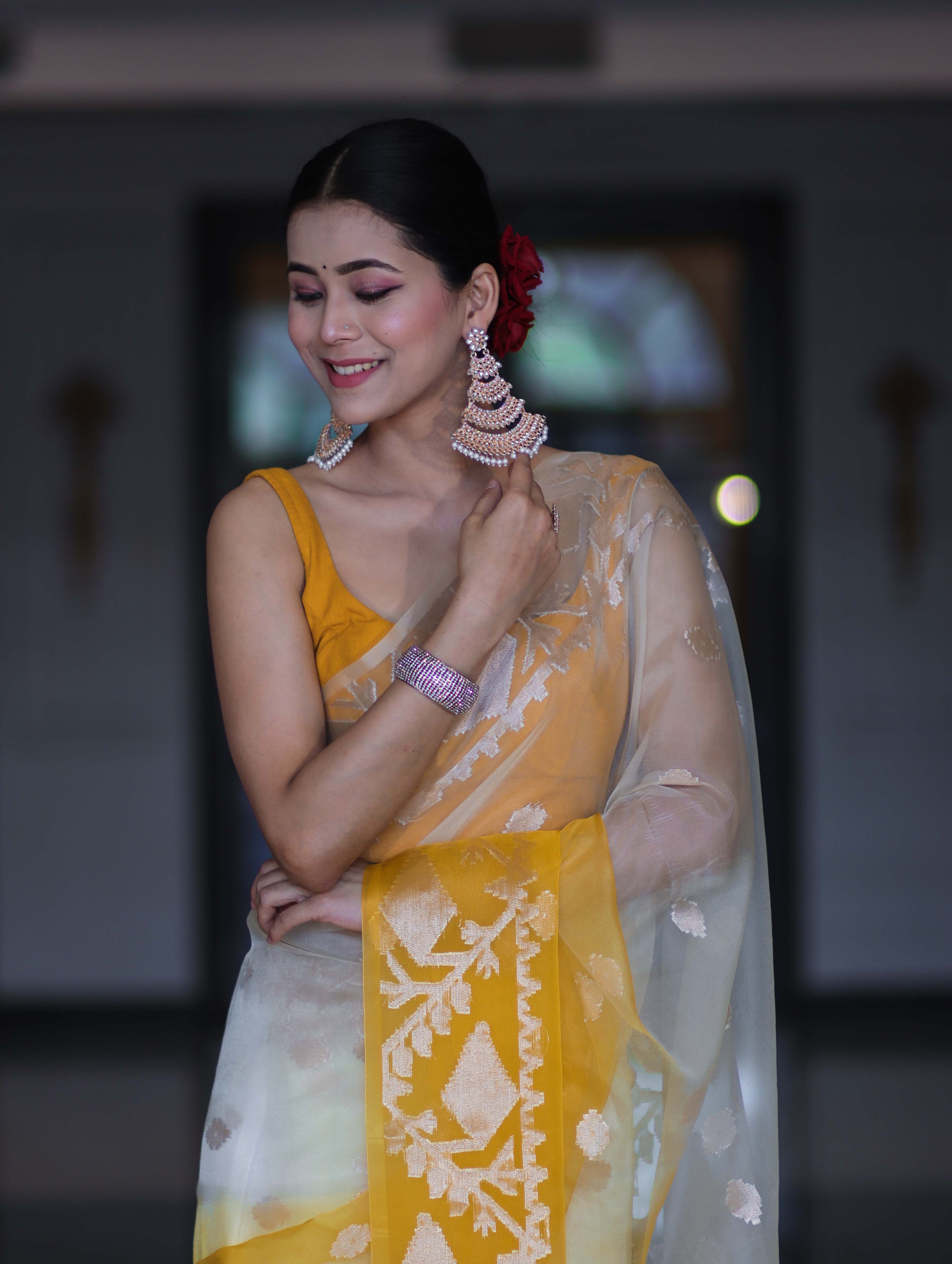 Banarasee Dual Color Organza Mix Saree With Zari Work-Yellow (Dual Tone)