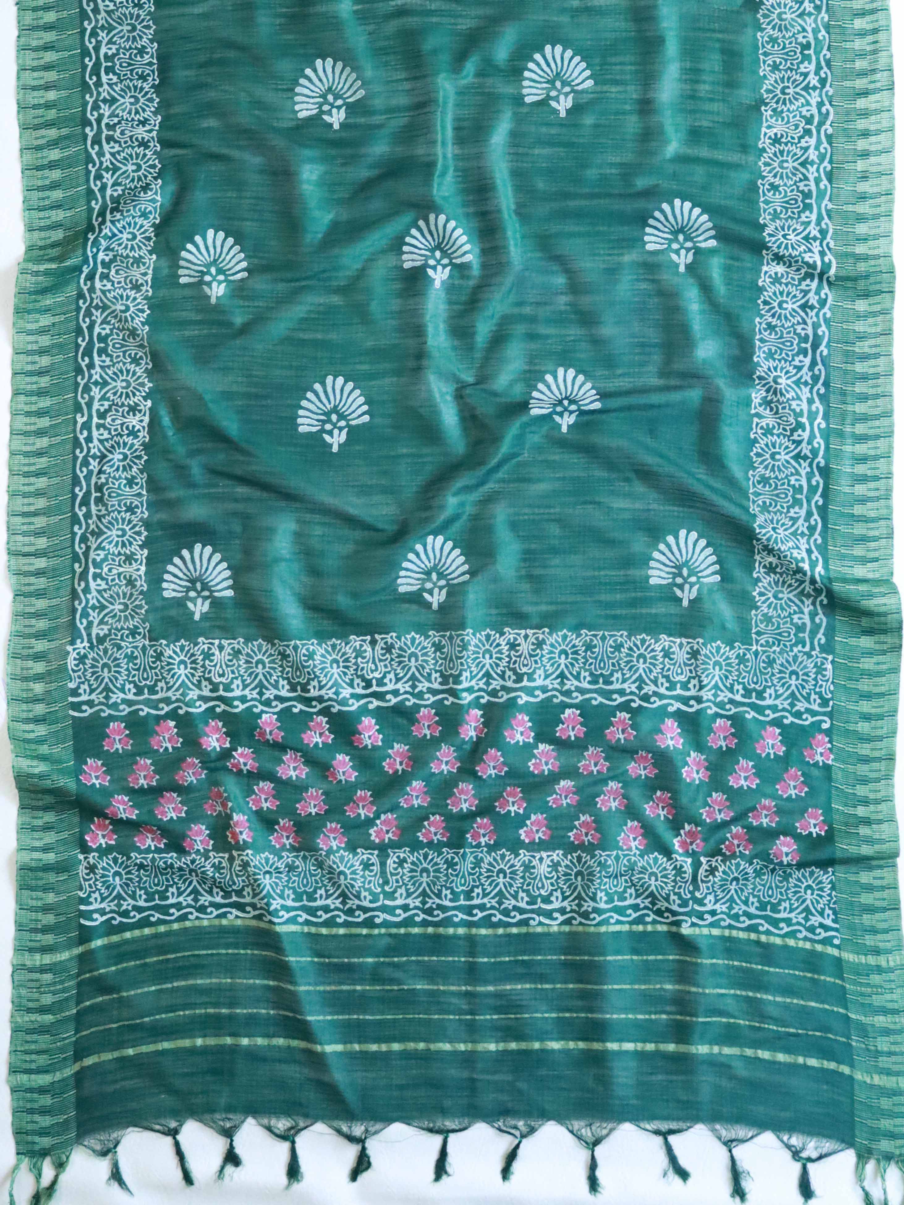 Handloom Block Printed Cotton Silk Salwar Kameez Dupatta Set-Green