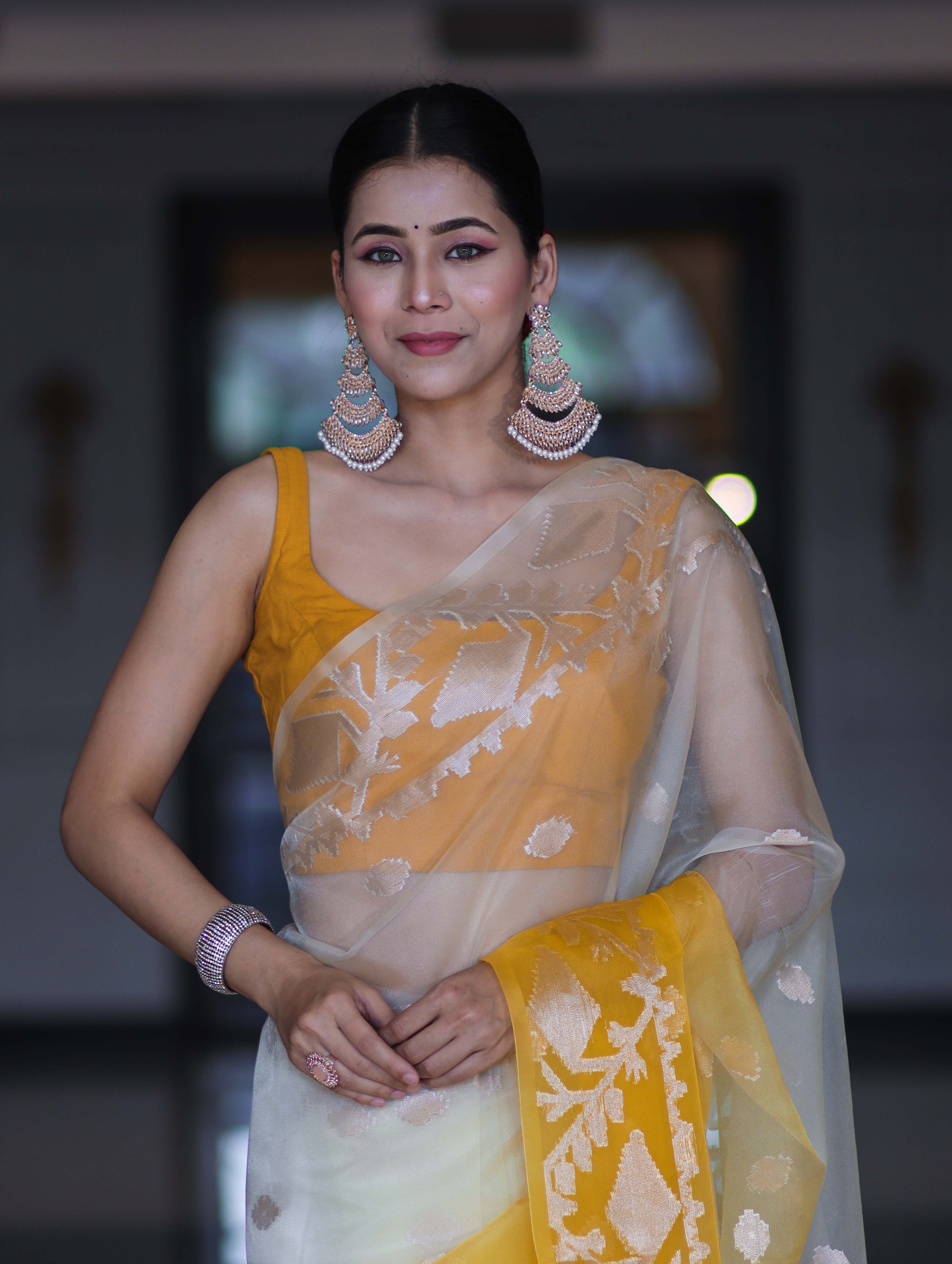 Banarasee Dual Color Organza Mix Saree With Zari Work-Yellow (Dual Tone)