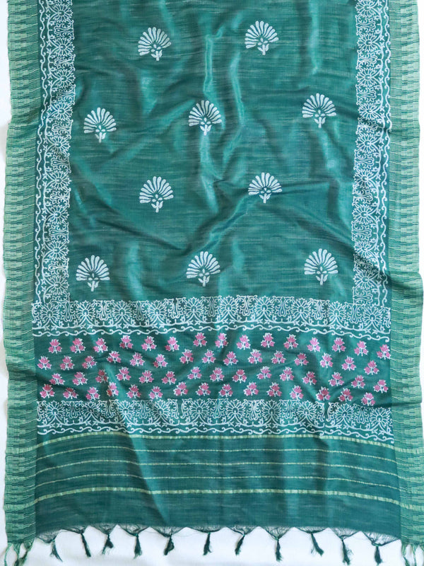 Handloom Block Printed Cotton Silk Salwar Kameez Dupatta Set-Green