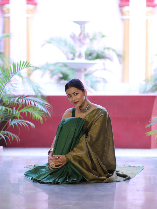 Bhagalpuri Handloom Dual Color Pure Linen Shine Saree-Green & Gold