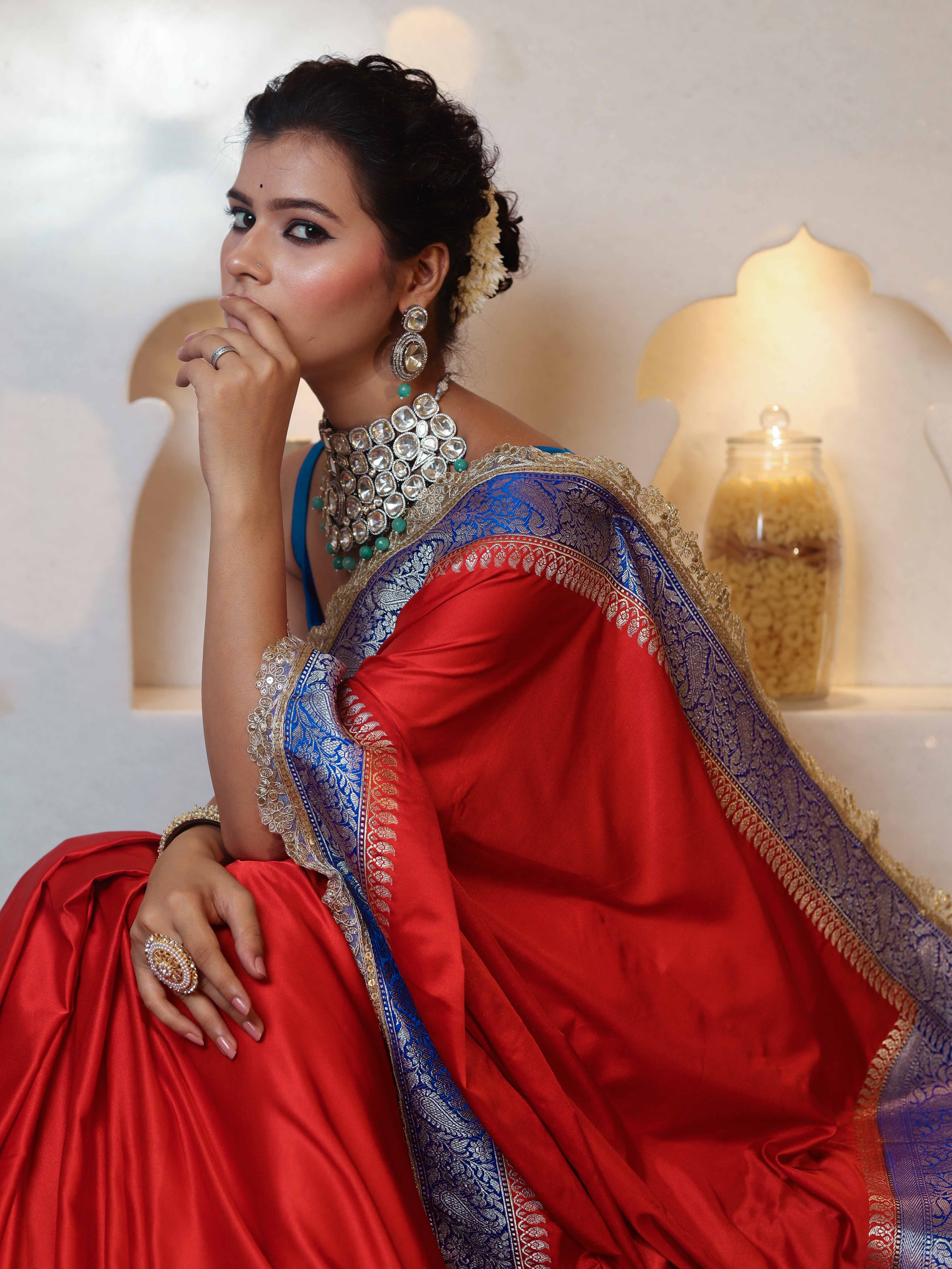 Banarasee Handwoven Mashru Silk Plain Saree With Sona Rupa Zari Contrast Border & Lace-Red & Blue